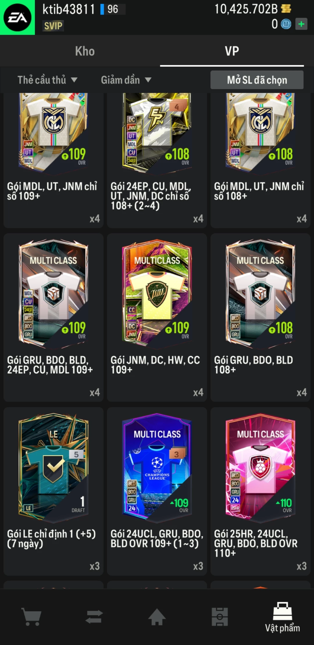 Ảnh ACC mở thẻ (LOẠI SVIP MAX) gồm 700+ đến 1000+ thẻ cầu thủ từ Siêu sao đến Miền núi các loại. Có sẵn BP trắng từ 7000 tỷ BP đến 11000 tỷ BP, ACC còn nhiều ngày SVIP